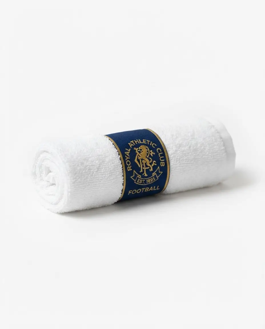 Custom rolled sports towels with woven club label